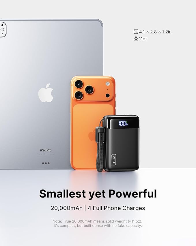 INIU Smallest 20000mAh Power Bank, 22.5W PD Fast Charging Portable Charger with Detachable Cable, Flight-Safe Battery Pack with LED Display for Travel Xiaomi iPhone 17 16 Samsung S26 Google iPad etc