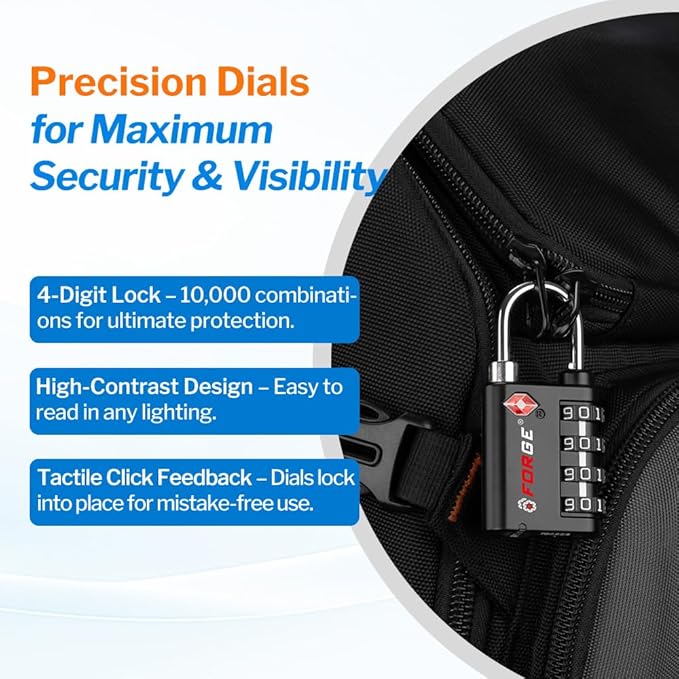 Forge Dual-Opening: Key or Combination Lock, TSA Approved Lock for Luggage, Pelican case, Travel, Gym, School, Luggage Combination Lock, Travel Bag Lock (Black 10 Pk)