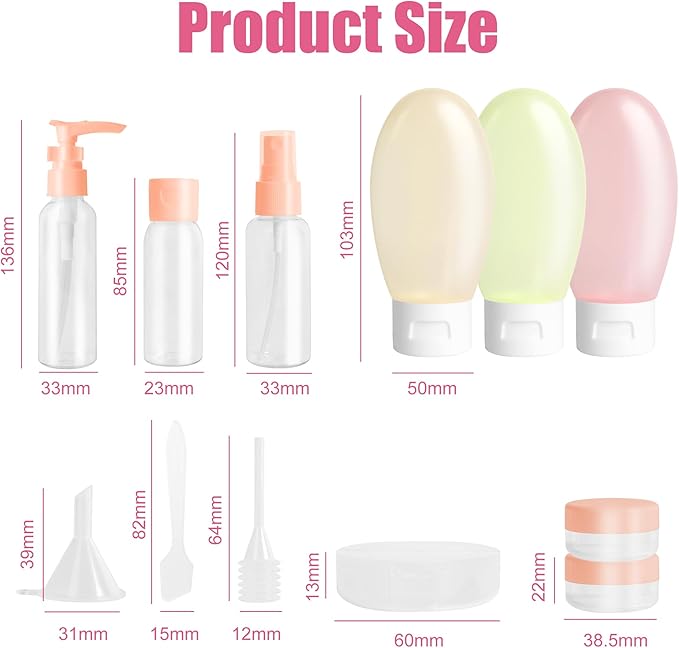 Travel Bottles Set for Toiletries 13Pcs Travel Size Silicone Containers with Labels 60ml Leak Proof Travel Containers for Toiletries Refillable Squeezable Shampoo Conditioner Bottles (Pink)