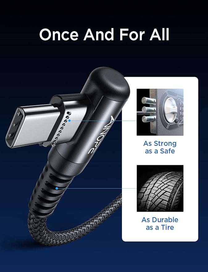 AINOPE USB C Cable 60W 2-Pack 3.3ft Nylon Braided USB C to USB C Cable Type C Charger Fast Charging Right Angle USBC Cable Charger Cord for iPhone 16 Pro Max 15 Plus Samsung S24 S23 iPad Pro Black