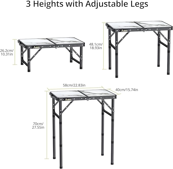 Anbte Folding Camping Table with Storage Net, 3 Adjustable Height Max 27.5" Aluminum Small Folding Table, Portable Table with Carry Handle, Lightweight, for Outdoor Indoor Travel Camping Picnic