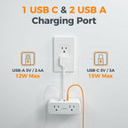 TESSAN Short Extension Cord 0.5Ft, Flat Plug Outlet Extender Surge Protector with 4 Widely AC with 3 USB Ports (1 USB C), Multi Plug Small Power Strip for Travel, Home Office College Dorm Essentials