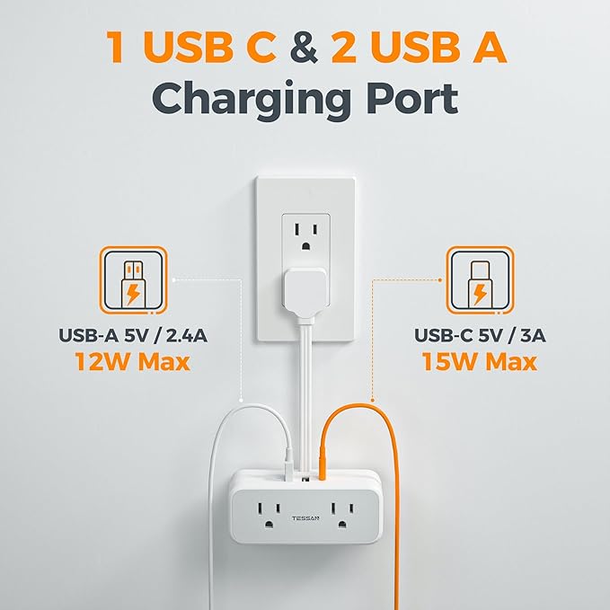 TESSAN Short Extension Cord 0.5Ft, Flat Plug Outlet Extender Surge Protector with 4 Widely AC with 3 USB Ports (1 USB C), Multi Plug Small Power Strip for Travel, Home Office College Dorm Essentials
