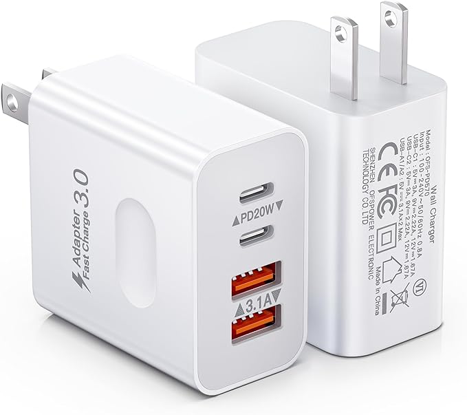 [2-Pack] USB C Wall Charger, 40W 4-Port Fast Charging Block USB C Charger Dual USBC Power Adapter + QC Wall Plug Multiport Brick Type C Block for iPhone 17 16 15 14 13 12 11 Pro Max, iPad, Samsung