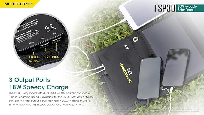 NITECORE FSP30 30W Portable Solar Charger, USB-A & USB 3 Output Ports, High Efficent 4 Foldable Panels for Camping Hiking Van RV Trip Compatible with Phones and Tablets with Nitecore Sticker