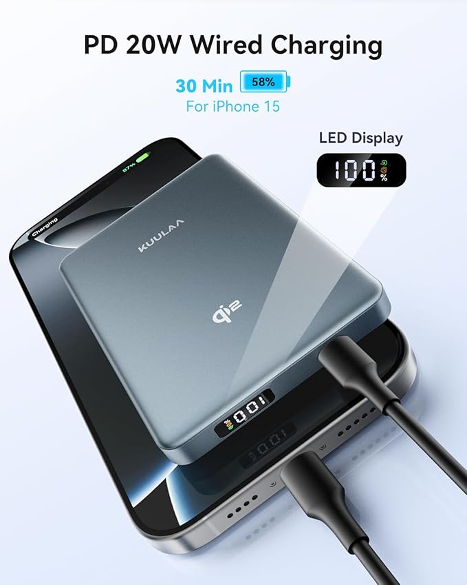 Kuulaa 0.5" Magsafe Portable Charger, 10000mAh Magnetic Power Bank & Slim Battery Pack - Qi2 Certified 15W Wireless Charging with 20W USB-C PD for iPhone 17/16/15/14/13/12 Pro/Air Series