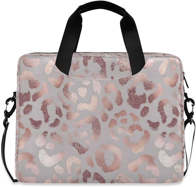 Rose Gold Leopard Print Pink Laptop Messenger Bag Case Sleeve Crossbody Briefcase for Men Women with Shoulder Strap Handle 13 14 15.6 inch