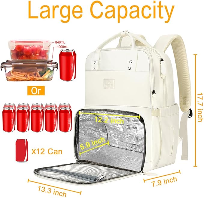 MATEIN Womens Backpack with Lunch Box, 17 Inch Laptop Backpack with Cooler Compartment for Lunch Containers, Large Computer Backpack for Travel Work College Daily, Beige