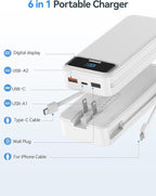20000mAh Lightweight-Portable-Charger-Power-Bank with Built-in Cables and AC Wall Plug, PD20W USB-C Fast Charging Battery Pack, LED Display External Travel Phone Charger for All iPhone,Samsung,Android