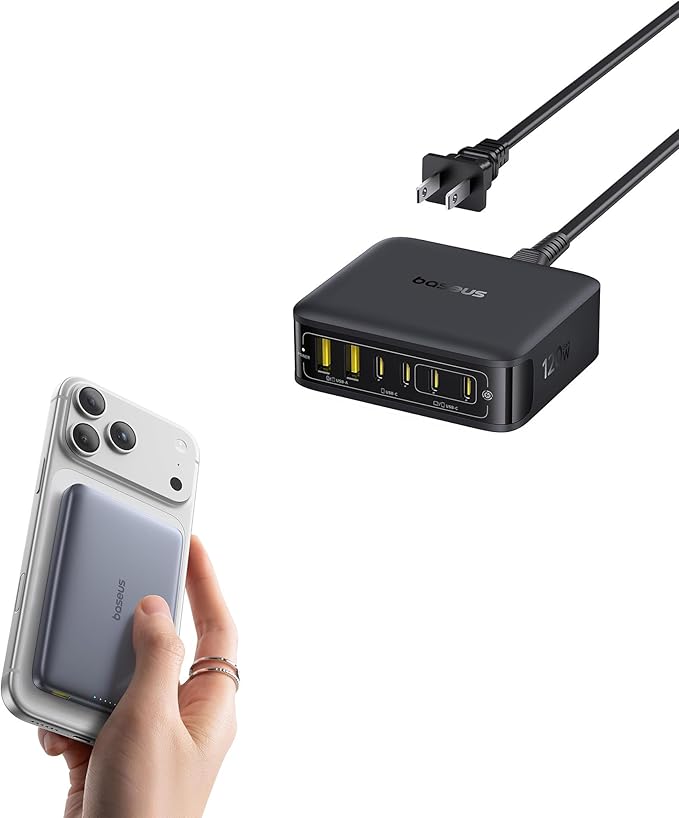 Baseus Picogo Magsafe Portable Charger, Qi2 Certified 0.5" Ultra Slim 15W Wireless Power Bank andBaseus Charging Station 120W, 6-in-1 USB-C PD Fast Charging Desktop Charger