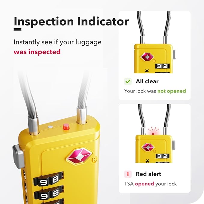 Luggage Locks TSA Approved with Inspection Indicator and Resettable 4-Digit, Easy-to-Read Combination, TSA Locks for Luggage, Suitcases, Backpacks & Travel Bags, Yellow, 2-Pack