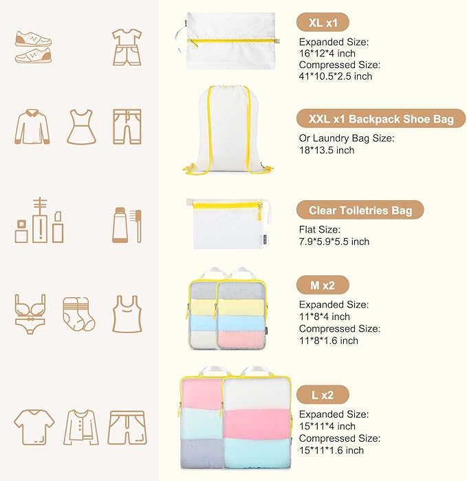 PFEYRPK Lightweight Compression Packing Cubes for Suitcases, Compressible Expandable Travel Packing Organizer with Clear Toiletries and Backpack Bag, Travel Essentials for Carry on Luggage 7 Set