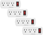 Maxxima 3 Outlet Grounded Wall Plug Adapter with On/Off Switch, Electrical Wall Tap Outlet Splitter, Multi-Plug Extender for Extra Outlet Space, Convenient for Travel - 4 Pack
