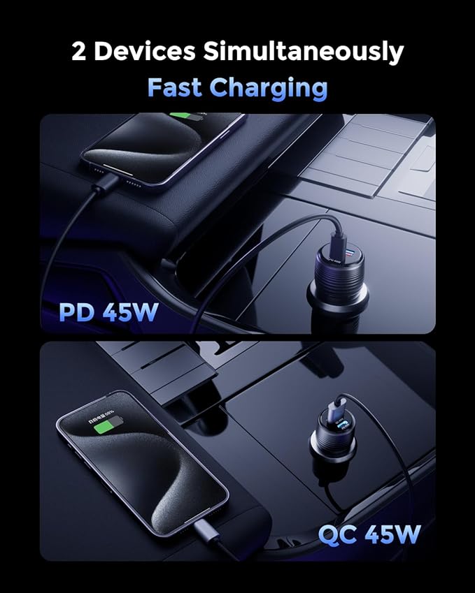 SUNDA 90W USB C Fast Car Charger, 2-Port Adapter, PD45W/QC45W QC 3.0 for iPhone 17/16 Pro/Max/iPhone 15/Laptop/Galaxy/Samsung S25/S24 (Black)