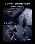 SUNDA 90W USB C Fast Car Charger, 2-Port Adapter, PD45W/QC45W QC 3.0 for iPhone 17/16 Pro/Max/iPhone 15/Laptop/Galaxy/Samsung S25/S24 (Black)