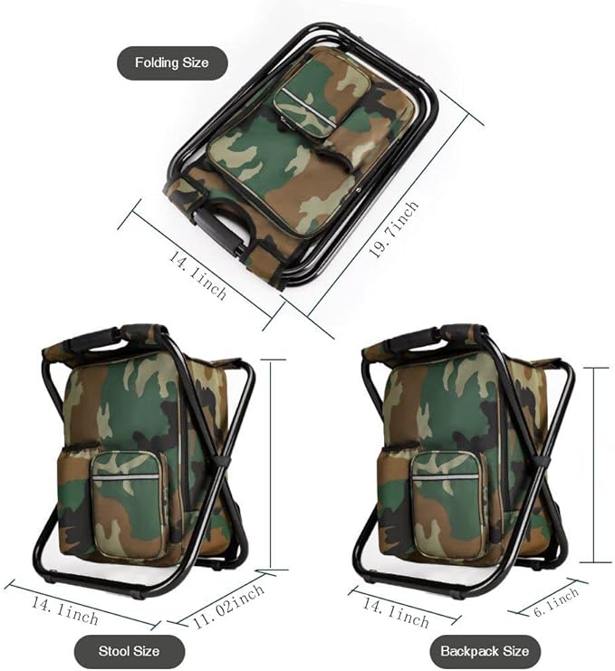 YESIACE Portable Hiking Camouflage Camping Stool, Folding Camping Chair Stool Backpack with Cooler Insulated Picnic Bag