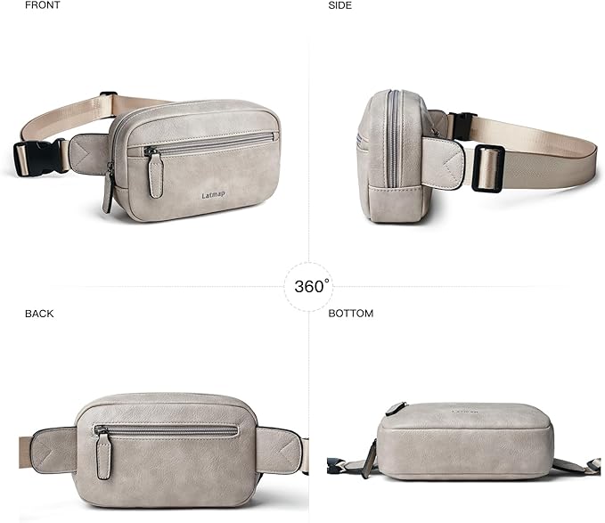 LATMAP 2L Fanny Packs Everywhere Belt Bag Small Fashion Crossbody Waist Pack Faux Leather Waterproof Sling Chest Bag For Women Trendy Grey