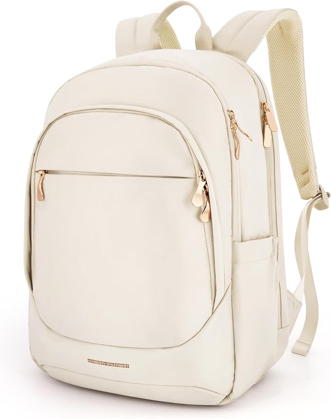 LIGHT FLIGHT Travel Laptop Backpack for Women, 15.6 Inch Backpack with USB Charging Hole, Water Resistant College Bookbag, Large Capacity Black Computer Backpacks for Work, Warm Beige
