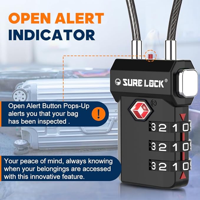 SURE LOCK TSA Approved Luggage Locks with Open Alert & Easy-Read Dials, Re-settable 3-Digit Combination, Zinc Alloy Body for Suitcase, Backpack, Gym Lockers(Black 1 Pack)