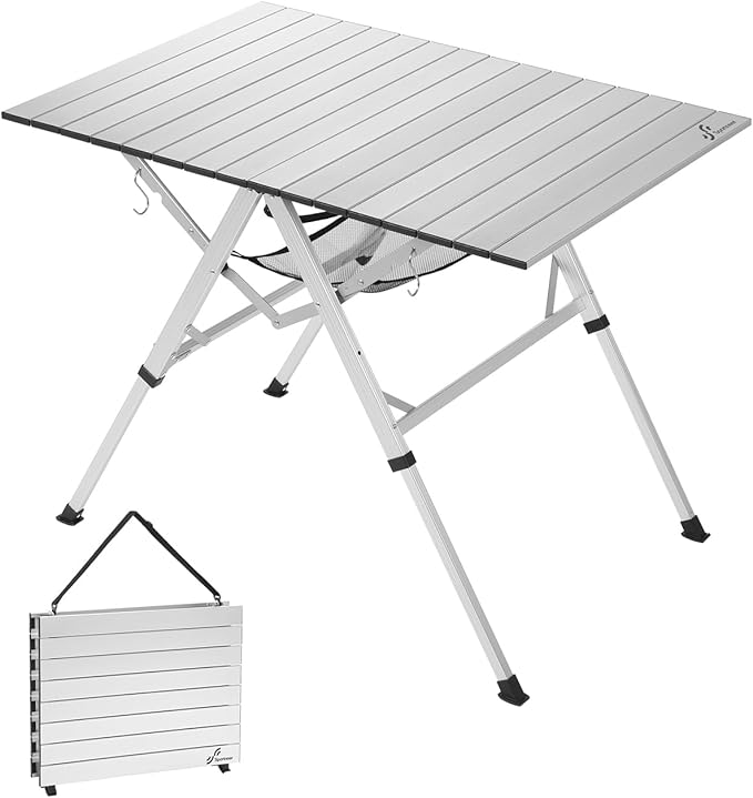 Sportneer Camping Table Folding Table, Bi-Fold Portable with Fast Open Design, Adjustable Height 16.5-27.6", 35.4"x23.6" Lightweight Aluminum Tabletop, Handle & Shoulder Strap for Outdoor Picnic