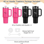 4 Pack 40 Oz Tumblers with Handle Bulk, Double Wall Vacuum Insulated Stainless Steel Tumblers with Lid and Straw, 40 oz Cup with Silicone Spill Proof Stopper Set (Black-2,Hot Pink-2)