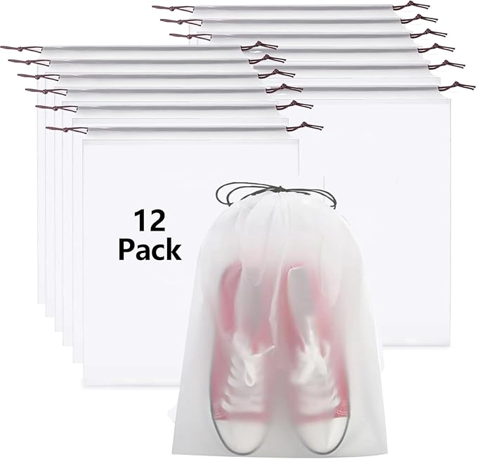 12pcs Transparent Shoe Bags for Travel with Rope，11.8in X 15.7in Portable Clear Travel Shoe Bags for Men and Women，Large Waterproof Dustproof Drawstring Shoe Storage Bag，Travel Essentials