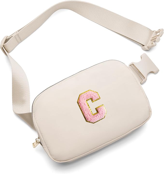 Gitus Belt Bag Fanny Pack Crossbody Bags with Initial Letter Patch Cute Stuff Birthday Gifts for Teenager Girls Trendy Preppy Stuff for Teen Girls(Beige-C)