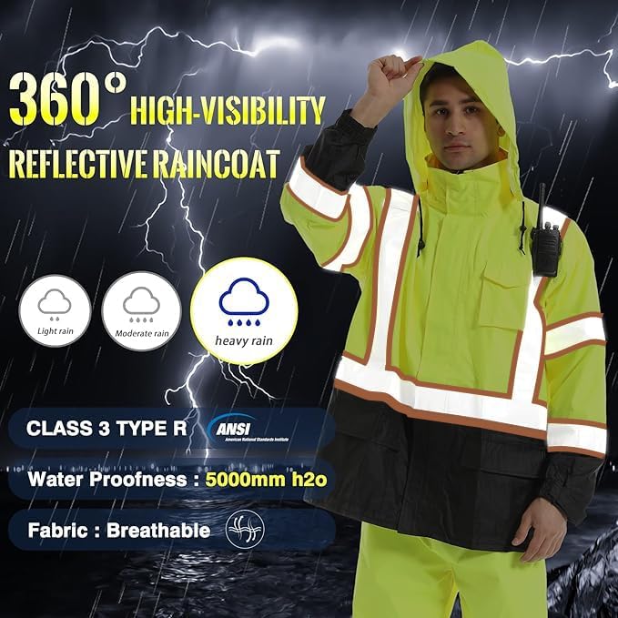 SKSAFETY Hi Vis Safety Rain Jacket for Men, Construction Work Rain Gear Heavy Duty Class 3 Rain Coat Waterproof Lightweight