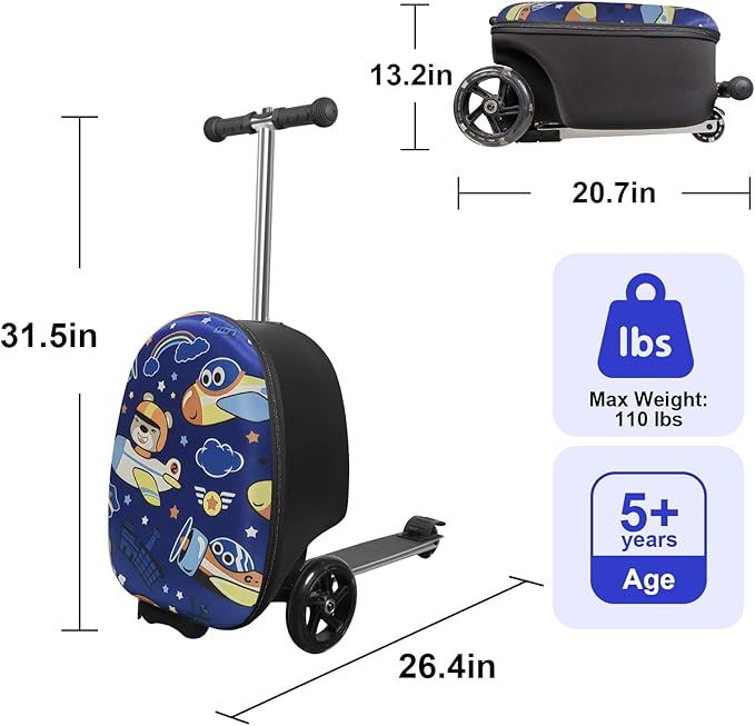 Scooter Suitcase for Kids with LED Wheels, Lightweight & Foldable Scooter Luggage for Travel