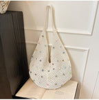 Boho Crochet Beach Tote Shoulder Bag with Colored Beads | Colorful Aesthetic Hippie Knit Bag for Women