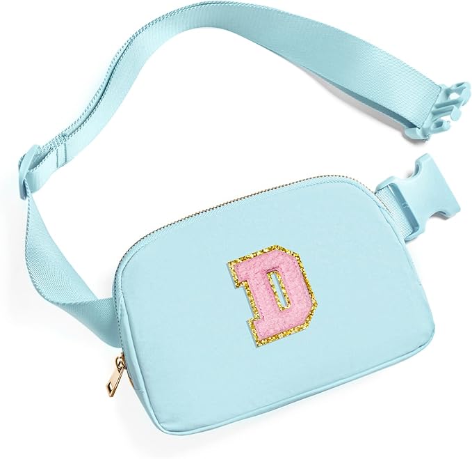 Gitus Gifts for 7 8 9 10 11 Year Old Girls Belt Bag Fanny Pack Crossbody Bags with Initial Letter Patch Birthday Gifts for Daughter Sister Friends Teen girls (Icing Blue-D)