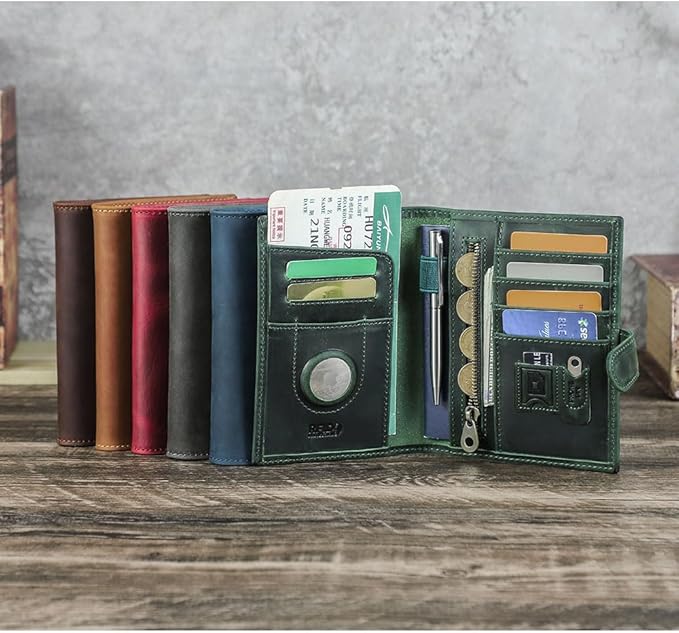 CONTACTS Full Grain Leather Passport Holder Compatible with Airtag Slot RFID Blocking Passport Wallet Travel Slim Passport Cover with SIM Card Removal Tool (Green)