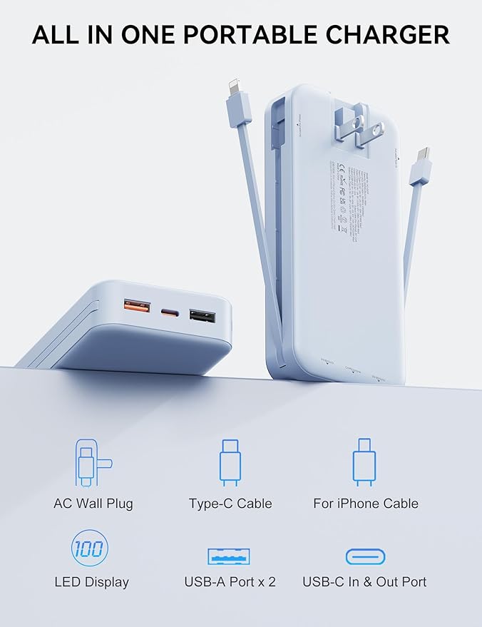 Portable Charger, 20000mAh 22.5W Fast Charging Power Bank with Built-in Cables & Wall Plug, USB C External Battery Pack with LED Display, Travel Essentials Phone Charger for iPhone iPad Samsung Blue