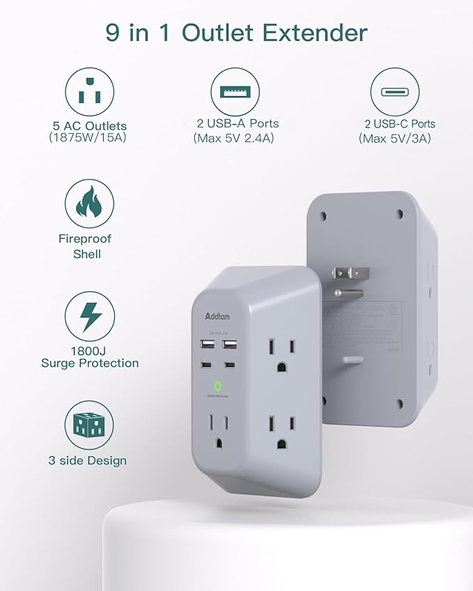Addtam Surge Protector Outlet Extender, Multi Plug Wall Outlet with 4 USB Ports(PD 20W), 3-Sided 1800J Power Strip Plug Extension Outlet Splitter, Gray