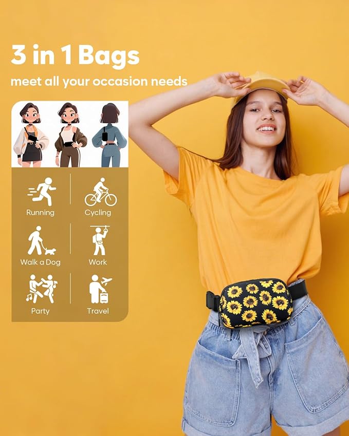 Pritent Fanny Packs for Women Cross Body Bag Waterproof Belt Bag with Adjustable Strap and Zipper Back Pocket Small Crossbody Bags Fashion Waist Packs for Workout Travelling(Sunflower)