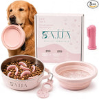Pink Slow Feeder 3-in-1 Travel Dog Bowl Set – 30 OZ Stainless Steel + 20 OZ Collapsible BPA-Free Silicone Bowl Lid | Silicon Slow Feeder Insert | Non-Slip, Anti-Choking|, Carabiner | We give Back