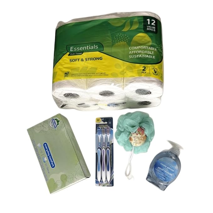 Generic 5-Piece Complete Bathroom Restock Bundle: Soft 2-Ply Bath Tissue (12 Rolls), Facial Tissues, Fresh Breeze Hand Soap, Bath Loofah Sponge, and Medium Bristle Toothbrushes (3-in-1Pack)