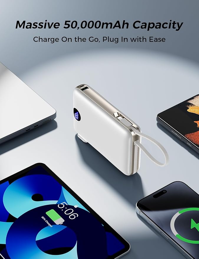 Portable Charger 50000mAh with Built-in Cables and AC Wall Plug, 22.5W Fast Charging Power Bank with LED Display for iPhone 17/16, Samsung, Android Devices, Camping, Road Trips and Travel, White