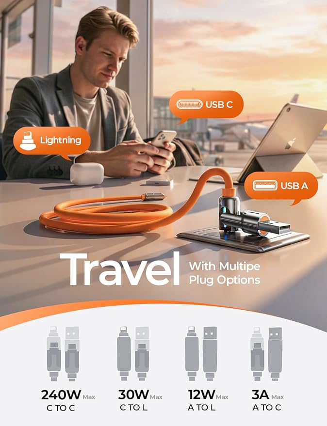 LISEN USB C to Lightning Cable, 240W 4 in 1 Charging Cable 6.6FT, Chubby USB A/C to C/Lightning with Light for iPhone Charger Fast Charging iPhone Air 17 16 15 14 Pro/MacBook/iPad, Orange