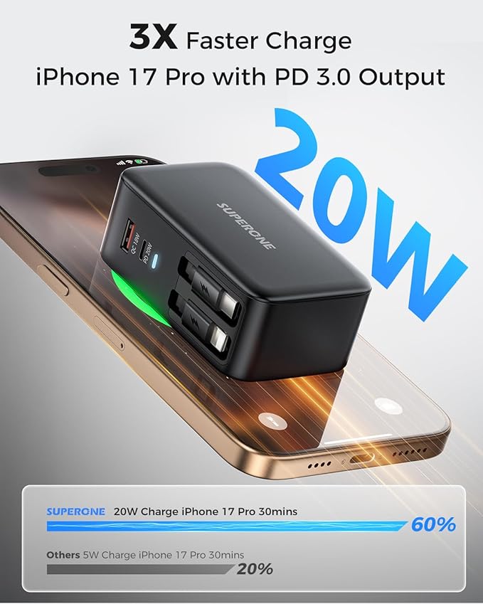 SUPERONE Retractable iPhone charger, 4-Port USB C Charger Block, iPhone Chargers Fast Charging with USB C & Apple Cable, Wall Chargers for iPhones 16/15/14/13/12/11 Series, Pad, Samsung, Pixel - Black