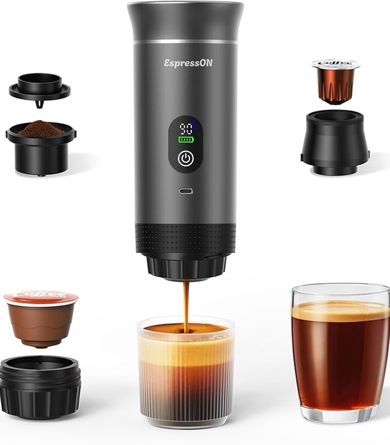 Portable 3-in-1 Espresso Coffee Maker – Self-Heating, Rechargeable USB-C & Smart LED Display, 20-Bar Extraction, Works with Ground Coffee & NS/DG Capsules, Camping (Grey)