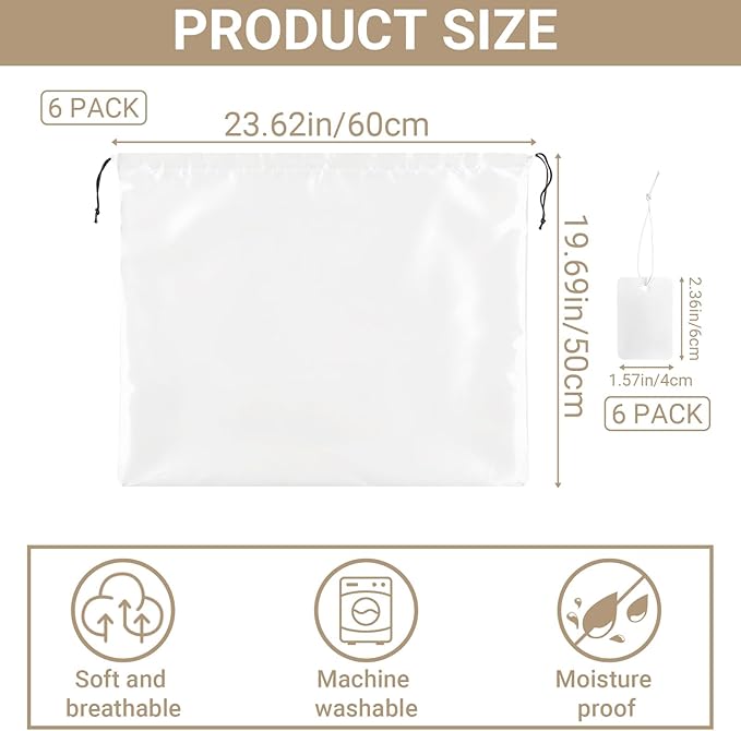 Q&J Fabric Co. 6 Pack Satin Dust Bag 19.7x23.6 inch White 100% Polyester Silk Bag Purse Dust Bag Shoe Bags for Closet Purse Protector Bag Dust Covers for Purses
