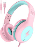 Voopwink Kids Headphones Wired with Microphone, USB Type C Headphones for Kids Girls Boys with Cord/LED Lights/85/94dB Volume Limit, Portable Over Ear Headphones for School/Travel/Tablet/iPad