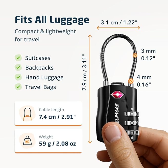 2 Pack TSA Approved Travel Combination Cable Luggage Locks for Suitcases & Backpacks - Black