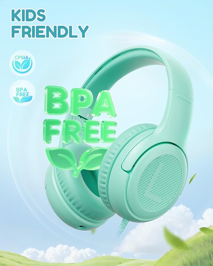 awatrue Kids Headphones for School Travel, 85/94dB Safe Volume Limit, 3.5mm Jack, HD Mic, Portable Wired Headphone with Shareport, Stereo Sound On-Ear Headphones for Toddler Kids Girls Boys Green