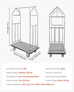 VEVOR Hotel Luggage Cart, Brushed Stainless Steel Finish Bellman's Cart, Valet Cart with Grey Carpeted Deck and 6-inch Rubber Wheels, Ideal for Hotels, Condos, Resorts, Silver