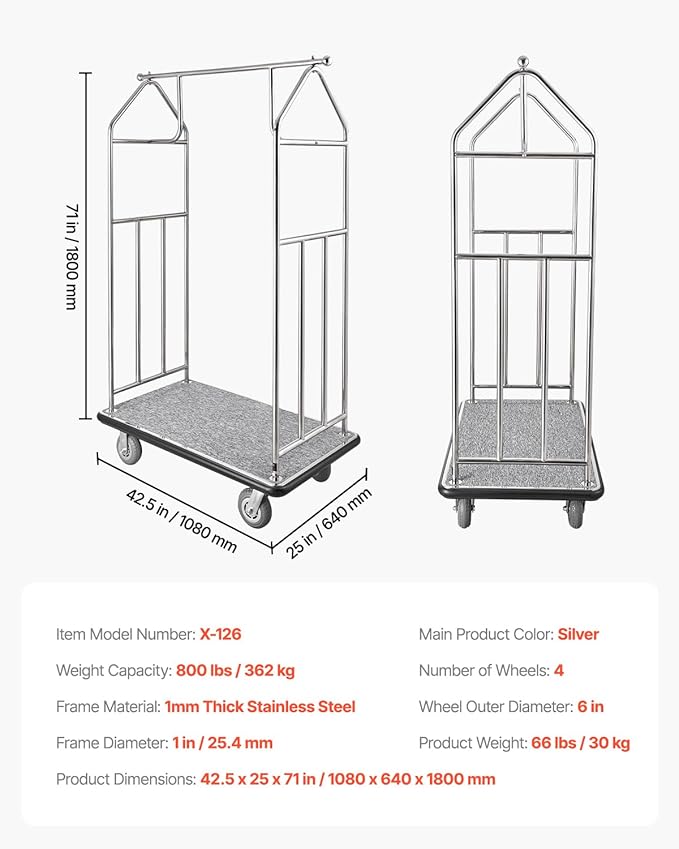 VEVOR Hotel Luggage Cart, Brushed Stainless Steel Finish Bellman's Cart, Valet Cart with Grey Carpeted Deck and 6-inch Rubber Wheels, Ideal for Hotels, Condos, Resorts, Silver