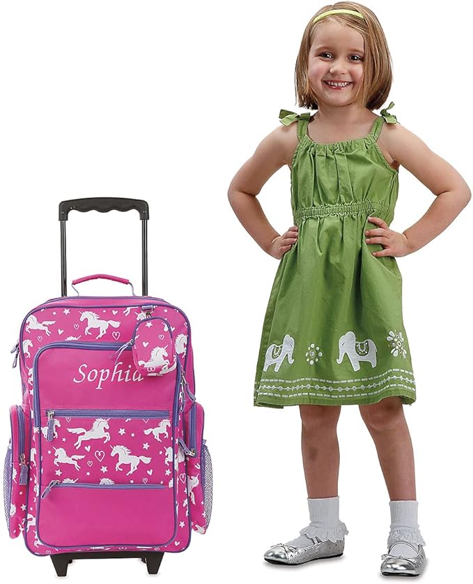 Lillian Vernon Personalized Unicorn Kids Suitcases for Girls, 5-Pocket Rolling Luggage Set, Customizable Travel Carrier on Wheels
