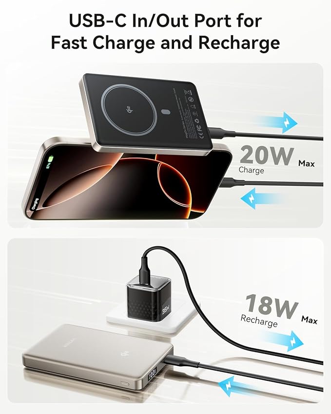Kuulaa 0.5" Magsafe Portable Charger, 10000mAh Magnetic Power Bank & Slim Battery Pack - Qi2 Certified 15W Wireless Charging with 20W USB-C PD for iPhone 17/16/15/14/13/12 Pro/Air Series
