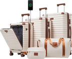 5 Piece Luggage Set w/TSA Locks & USB Port, Front Opening Hard Shell Luggage Sets, Expandable Suitcase Set with Wheels and Cup Holder(20"/24"/28") (Brown White)